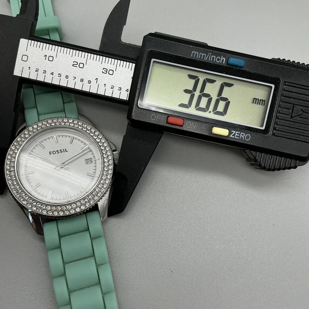 Fossil AM4464 Womens Watch 37mm White Dial Green Silicone Crystals Date New Batt